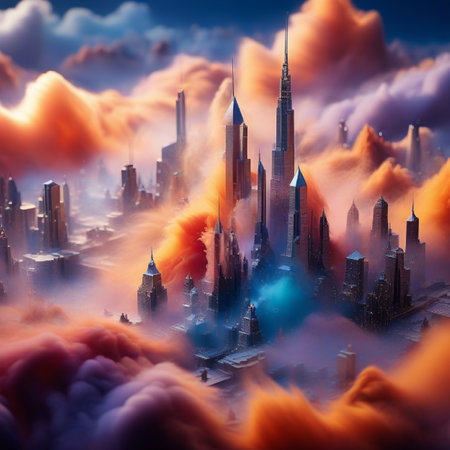3D illustration of a futuristic city with skyscrapers and cloudsの素材