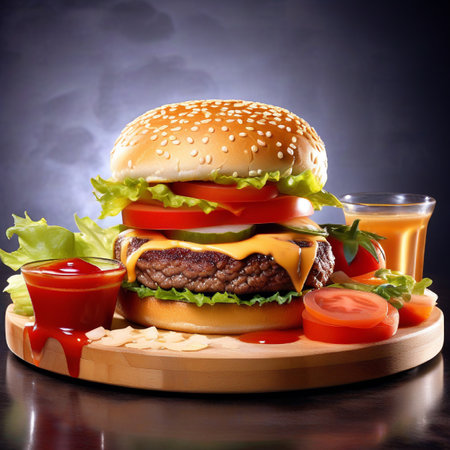 Big tasty hamburger with cheese, tomato, lettuce and ketchupの素材