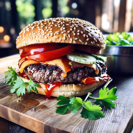 Cheese burger - American cheese burger with fresh vegetables on wooden boardの素材