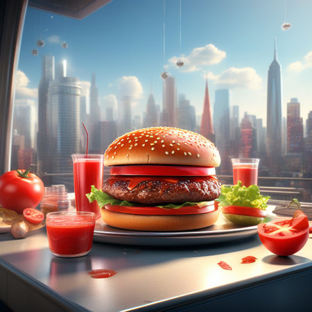 Big hamburger with tomato juice on the table. 3d renderingの素材