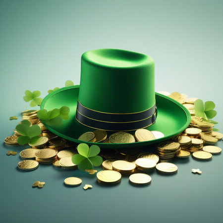 Green hat with clover leaves and gold coins on blue background. St. Patrick's Day.の素材