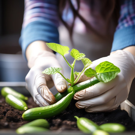 Close-up of woman's hands in white gloves planting cucumbersの素材
