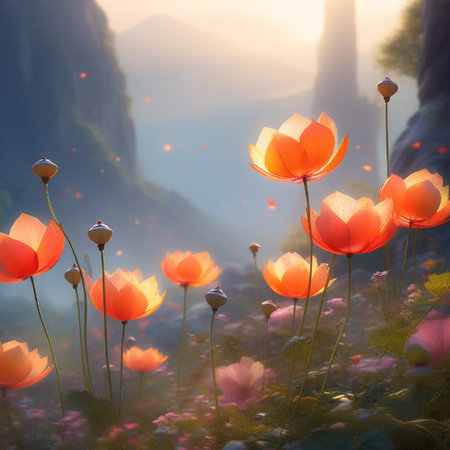 Poppies blooming in the morning mist. Soft focus.の素材