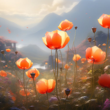 poppies on the meadow at sunrise in the morning.の素材