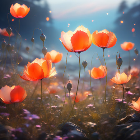 Red poppies in the meadow at sunset. 3d renderingの素材