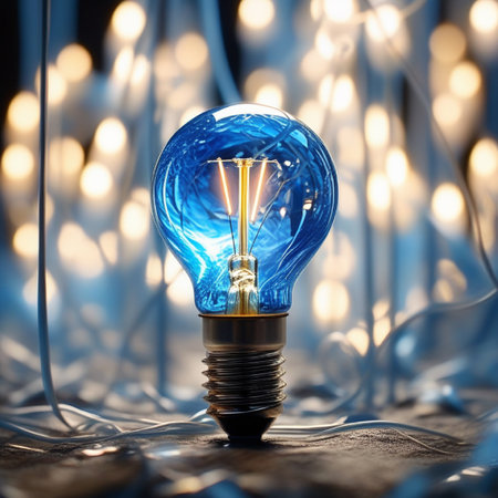 Incandescent light bulb on a blue background with bokehの素材
