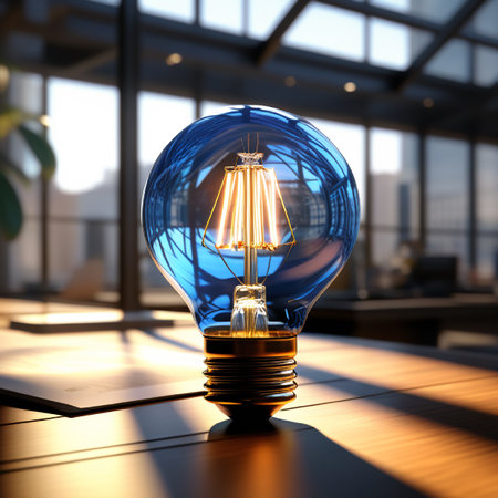 An illuminated light bulb in a modern office environment. 3D rendering.の素材