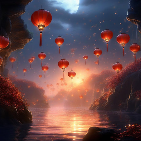 Fantasy landscape with red hot air balloons floating in the water.の素材