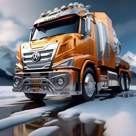 truck on the road in the winter landscape. 3d renderingの素材