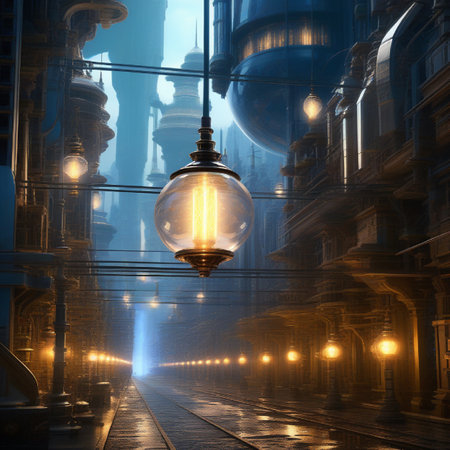 Street lamp on the background of the night city. 3D renderingの素材