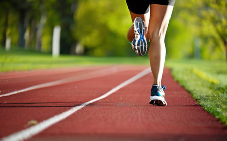 Runner athlete running on racetrack. woman fitness jogging workout wellness concept.の素材