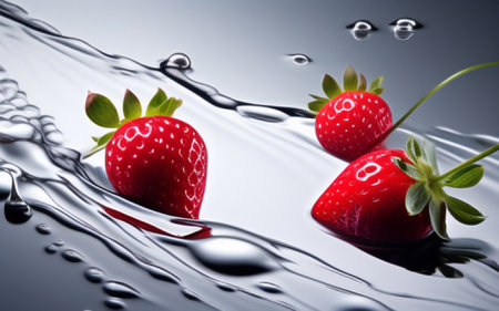 Strawberries falling into water with splash and ripples on grey backgroundの素材