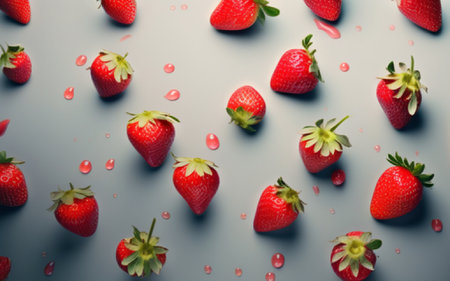 Strawberries on a blue background with drops of water, close-upの素材