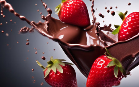 strawberries in a chocolate splash on a gray background close upの素材