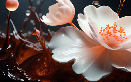 3D illustration of a drop of chocolate and a beautiful flower.の素材