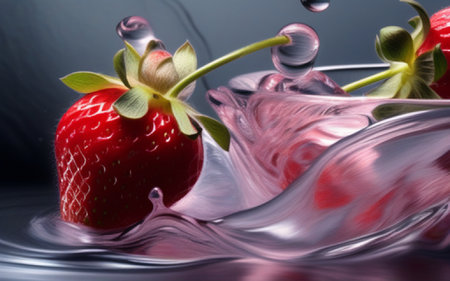 Strawberry in water with a splash on a dark background.の素材