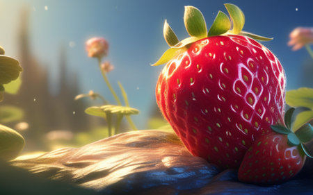 Strawberry on the background of a beautiful landscape. 3d renderingの素材