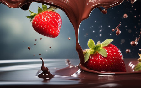 Strawberry falling into chocolate, close-up, 3d renderingの素材