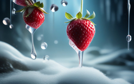 Strawberry in ice with drops of water. 3d illustrationの素材