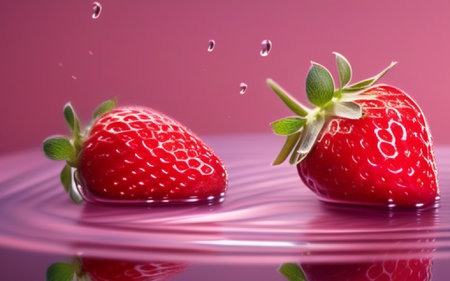strawberry falling into water on a pink background with splashesの素材