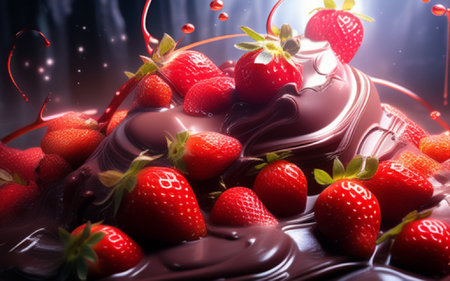 Chocolate cake with strawberries on a dark background, close-upの素材