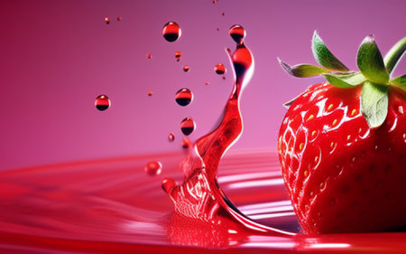 strawberry splashing into a red liquid with some drops on itの素材