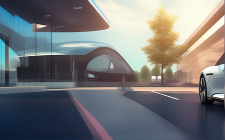 Car parking in front of the modern building. 3d rendering.の素材