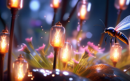 Insects and light bulbs. Creative concept. 3D Renderingの素材