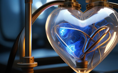 Digital composite of 3D heart with blue light flare against black backgroundの素材