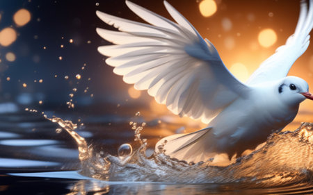 White dove flying over water with bokeh background. 3d renderingの素材