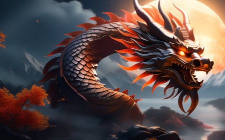 dragon in the night with full moon 3d illustration. fantasy dragonの素材