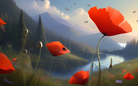 Red poppies in a meadow with mountains in the backgroundの素材