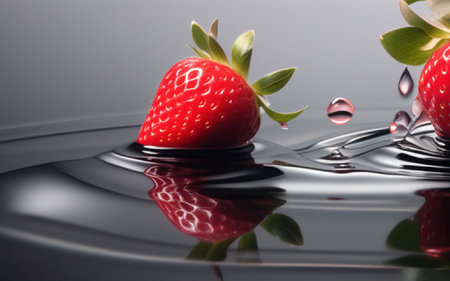 Strawberry falling into the water with a drop of water.の素材