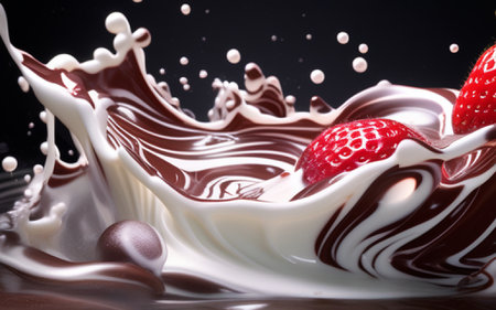 Splash of milk and chocolate with strawberries on a black background.の素材