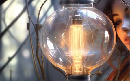 Beautiful woman with incandescent light bulb. 3d renderingの素材