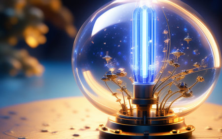 Vintage edison light bulb on blue background. 3d renderingの素材