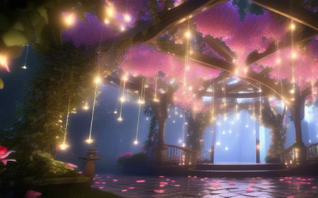 Illuminated pavilion at night in the park,3d renderingの素材