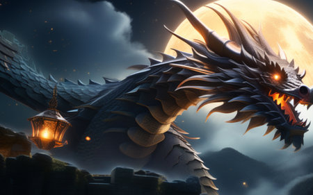 Dragon and moon in the sky. 3D illustration. Fantasy.の素材