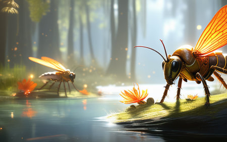 Honey bee in the misty forest. 3D illustration.の素材
