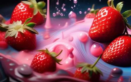 Strawberries in milk with splashes of juice and drops.の素材