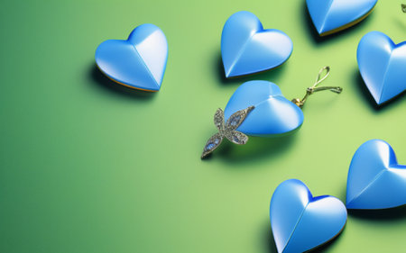 Blue hearts and butterfly on green background. Valentine's day concept.の素材