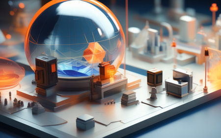 3d illustration of a futuristic city with a glass sphere and buildingsの素材