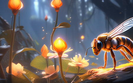 Honey bee on lotus flower in the pond. This is a 3d render illustrationの素材