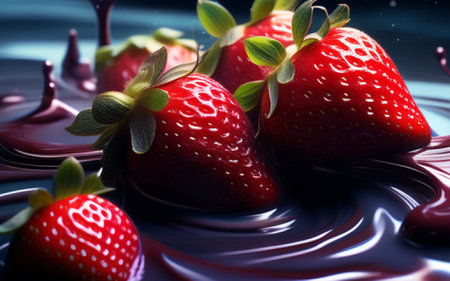 strawberries in dark chocolate, close-up, 3d renderの素材