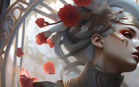 Beautiful woman's face in a vase with poppiesの素材