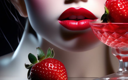 Beautiful female lips with strawberry in martini glass on black backgroundの素材