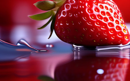 Strawberry with drops of water on a reflective surface. Red background.の素材