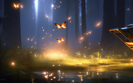 Fantasy night scene with flying butterflies in the forest. 3d renderingの素材