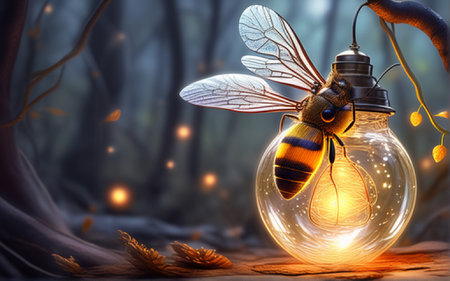 Bee in a light bulb in the forest. 3D rendering.の素材