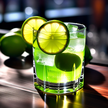 Cocktail with lime and ice on a bar counter in a nightclubの素材